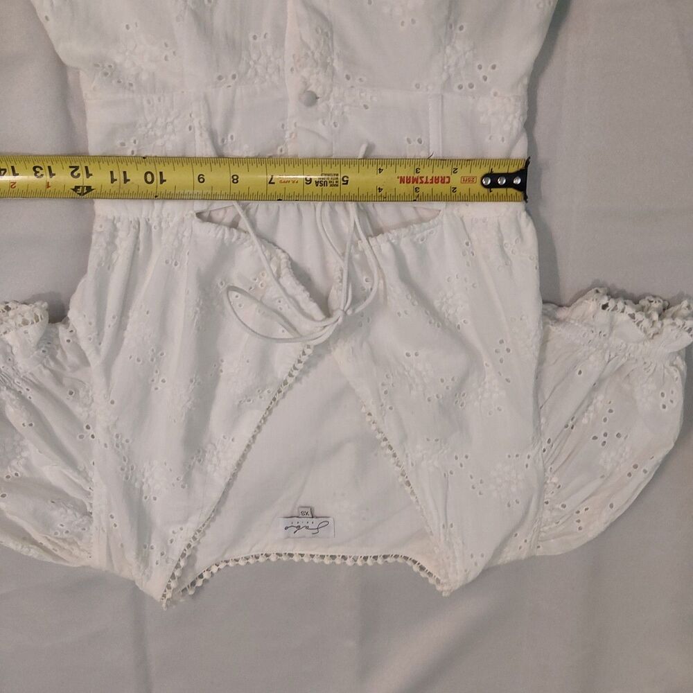 Sabo Skirt White Cotton Eyelet Broderie Mini Dress Cutout Tie Front Puff Sleeve - Picture 15 of 16